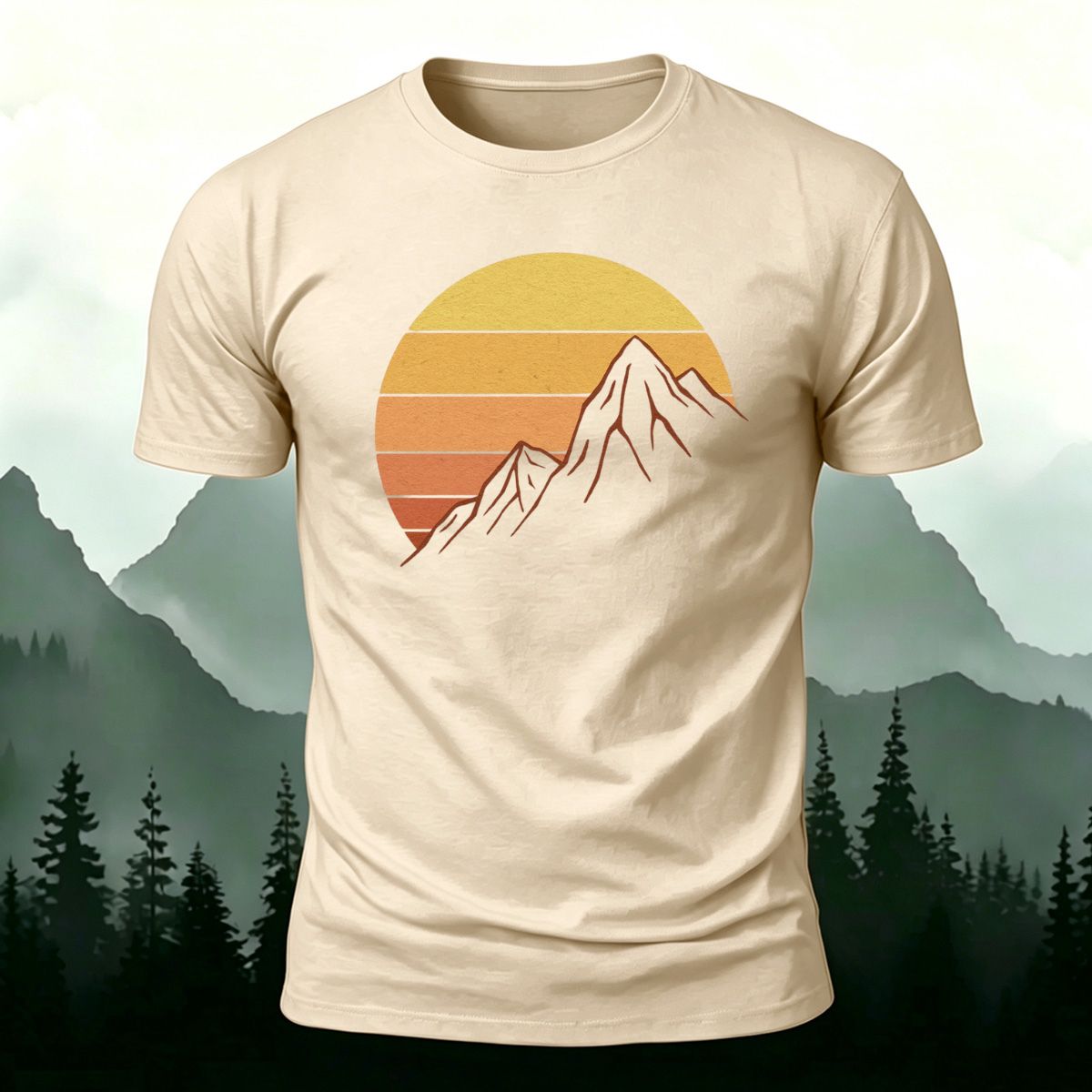 Sunlit Golden Mountain Print Casual Combed Cotton T-Shirt Beige