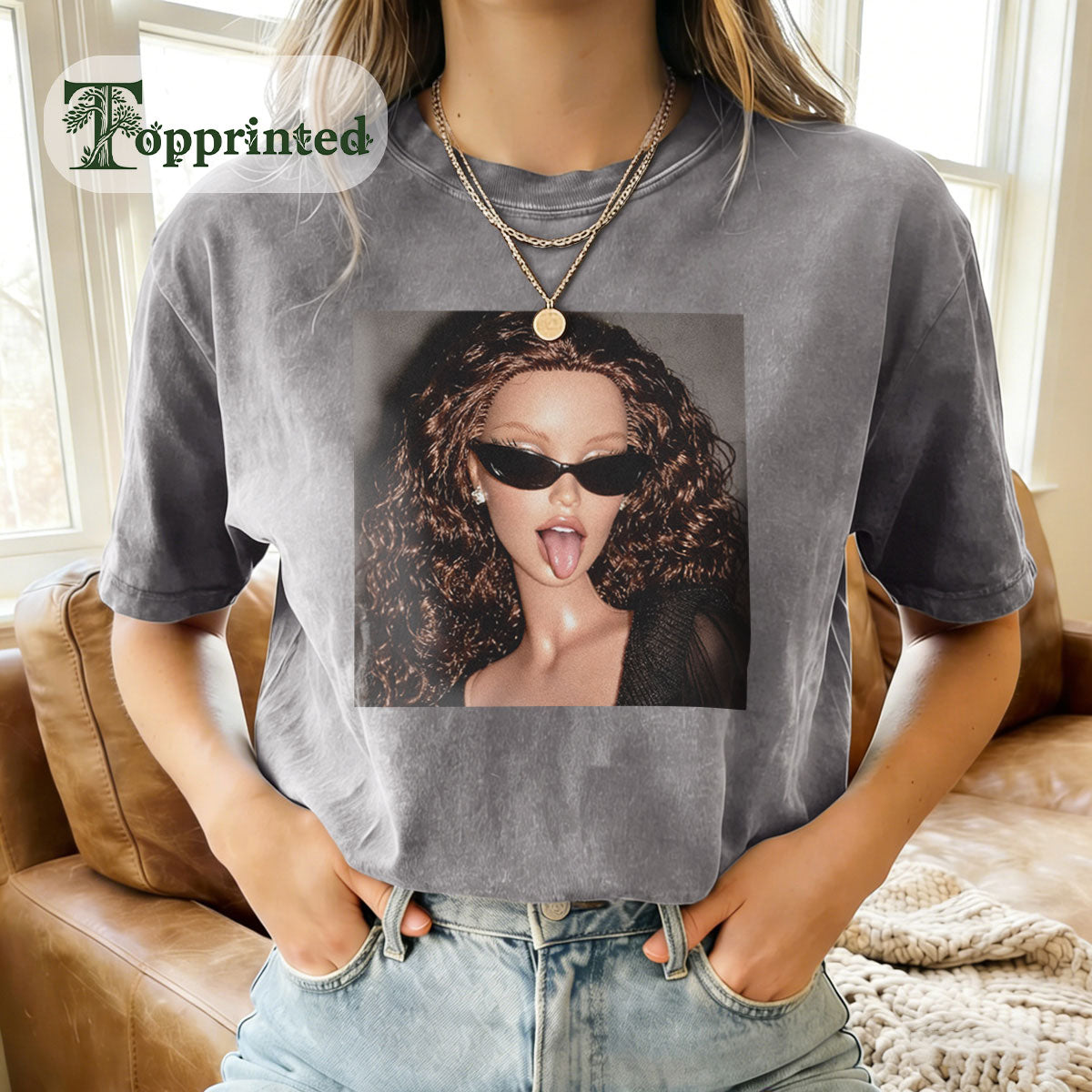 MEME Tongue Out Print Washed Cotton Crew Neck T-Shirt