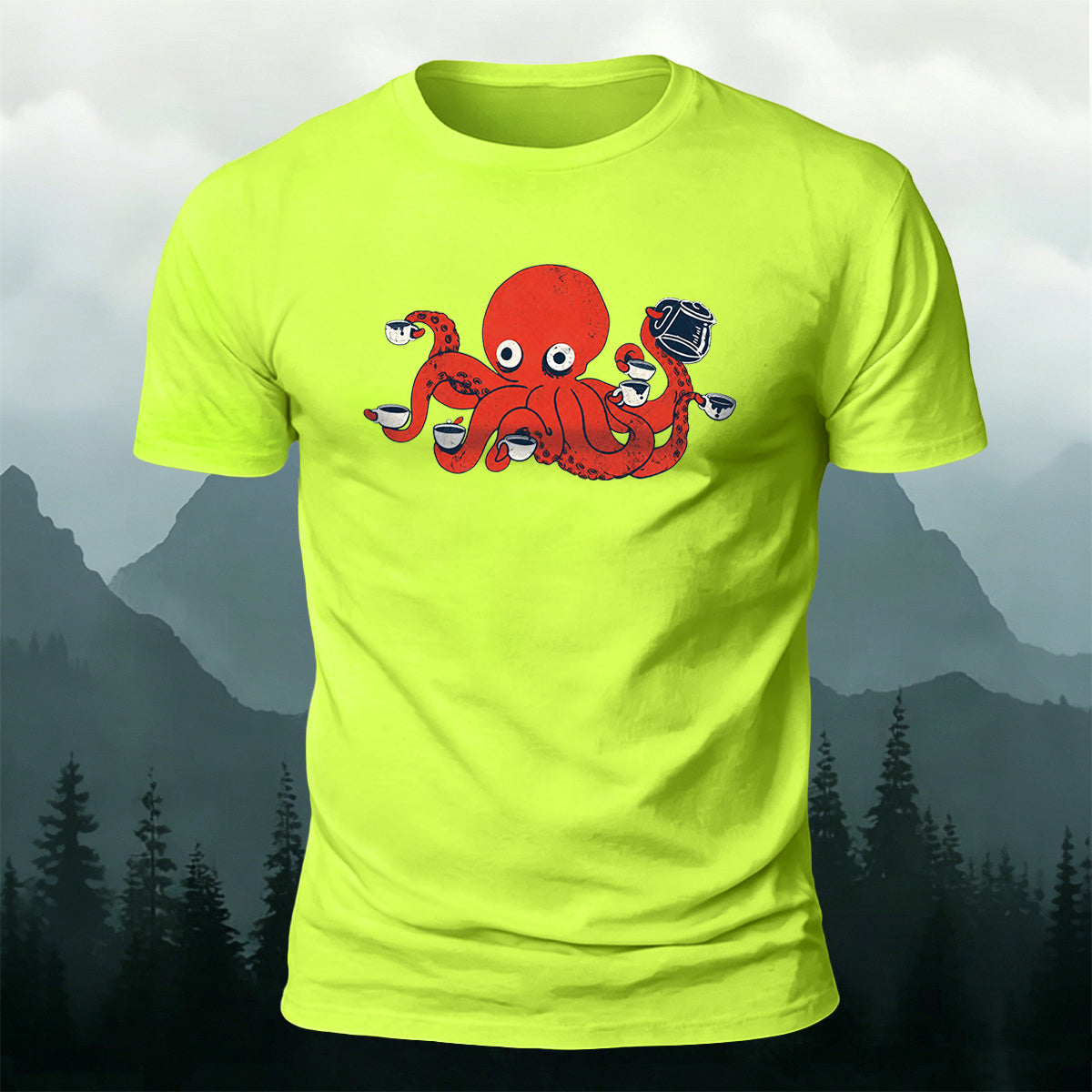 Cartoon Red Octopus Eating Print Comfortable Cotton Tee