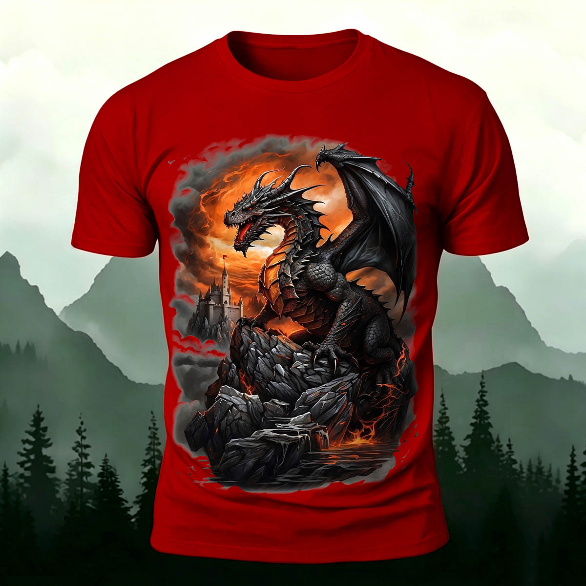 Dark Dinosaur Print Casual Crew Neck T-Shirt Red
