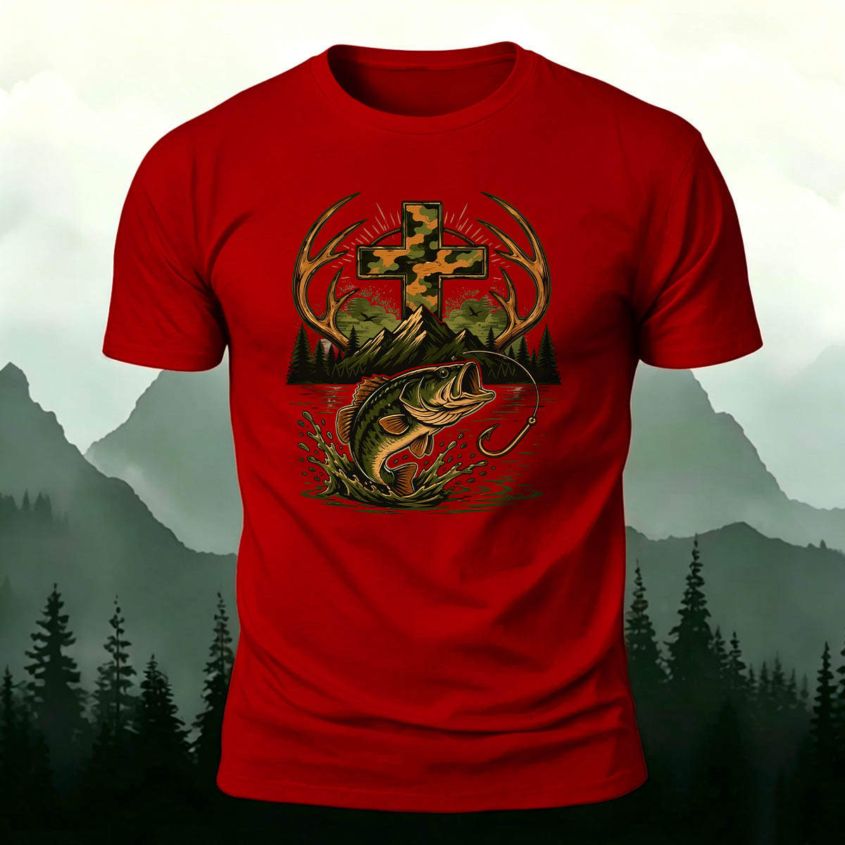 Fishing Cross Graphic Casual 100% Cotton T-Shirt