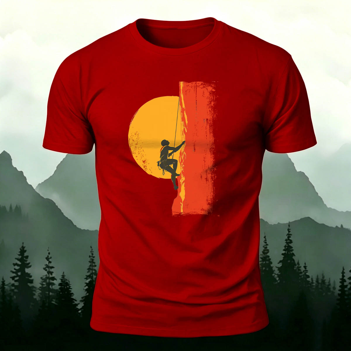 Red Sun Adventure Mountain Print Cotton T-Shirt