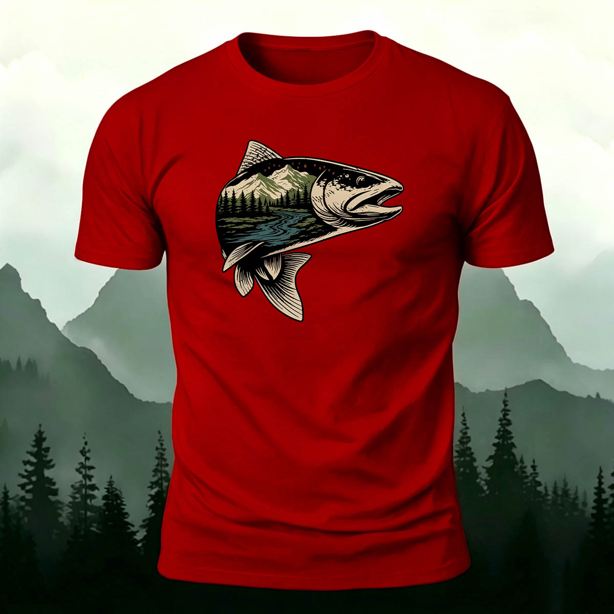 Trout Scenic Pattern Simple Casual Cotton T-Shirt