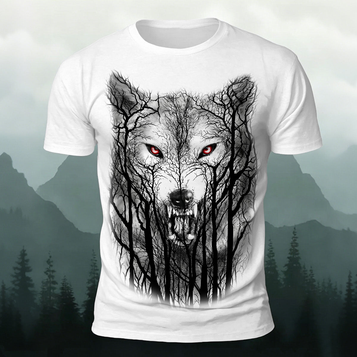 Dark Forest Wolf King Printed Casual Cotton T-Shirt White
