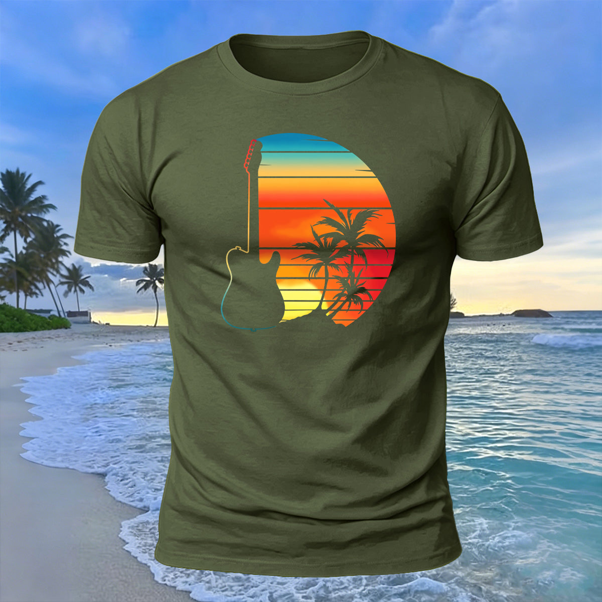 Beach Sunset Openwork Guitar Print Cotton T-Shirt AMG