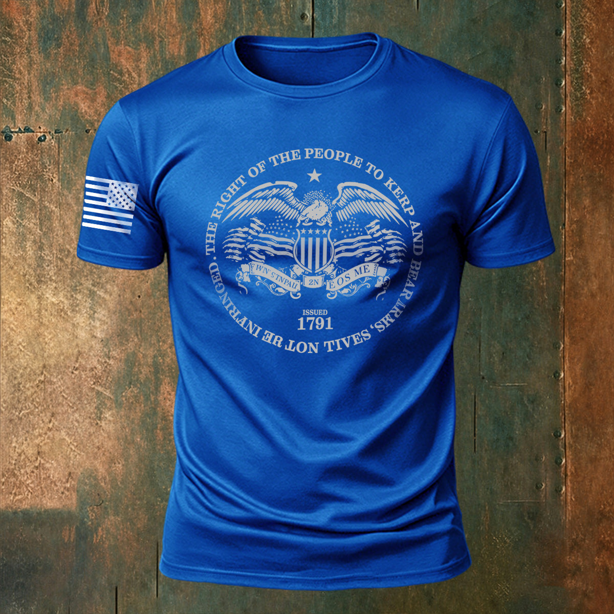 Memorial Print American-Style Casual Cotton T-Shirt Blue