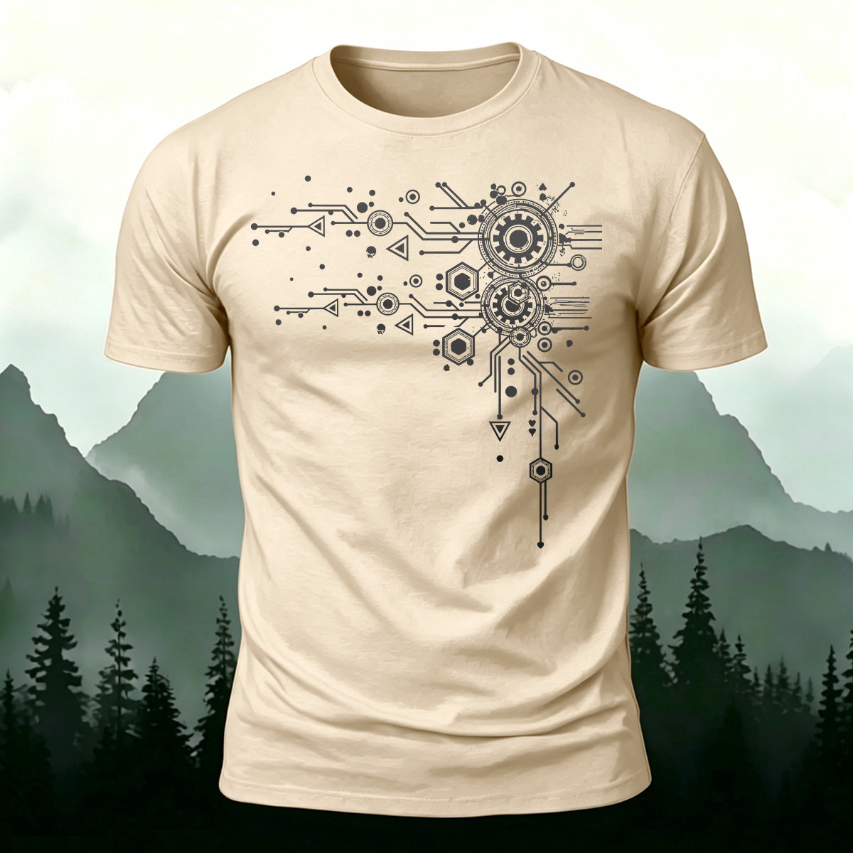 Creative Geometric Mechanical Premium Cotton T-Shirt Beige