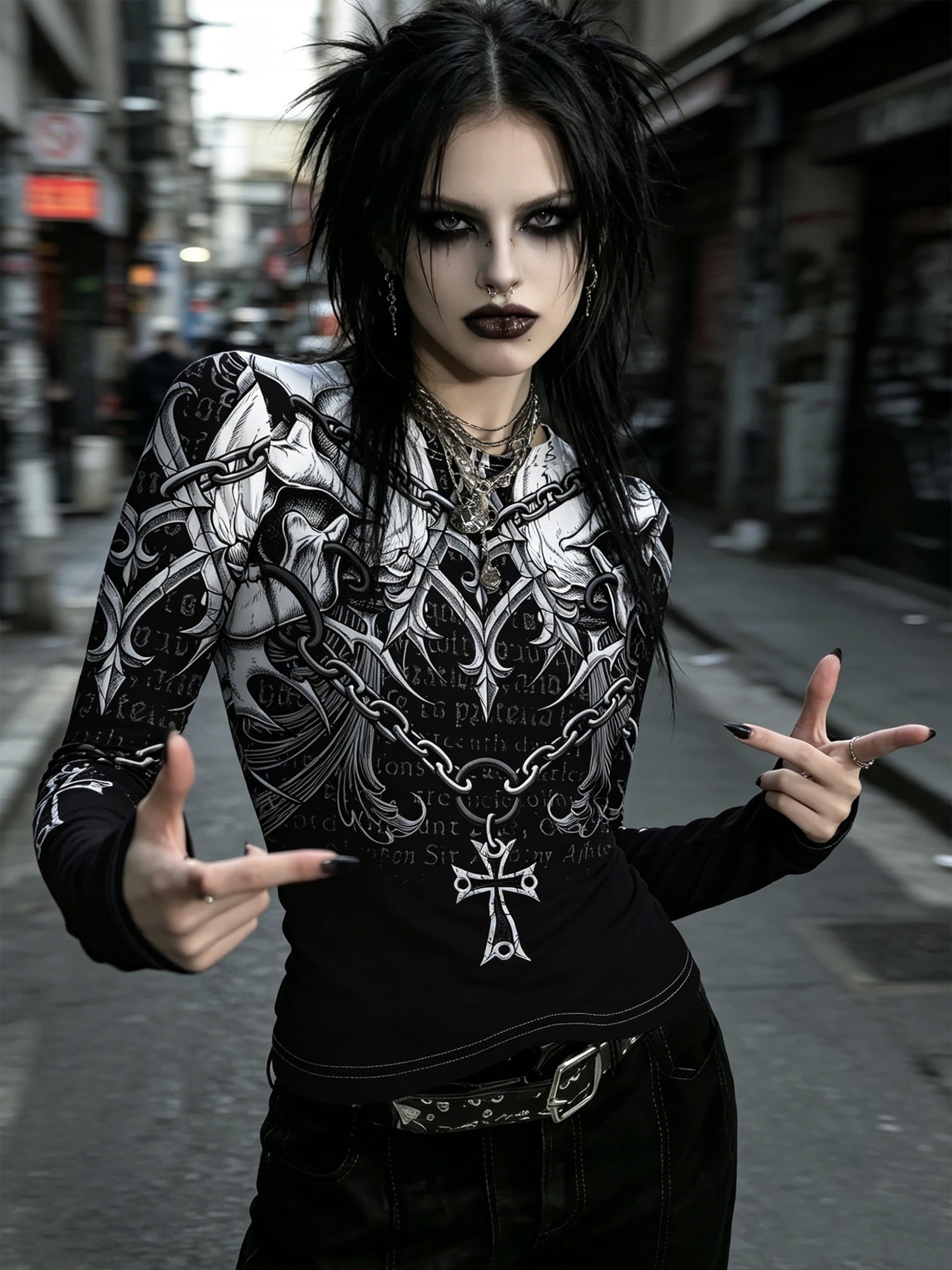 Dark Gothic Round-Neck Winged Retro Long-Sleeve Tee