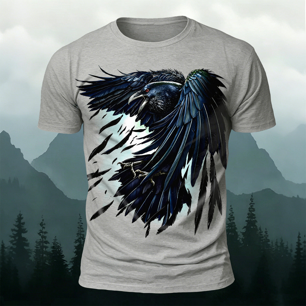 Retro Black Crow Feather Print Casual T-Shirt