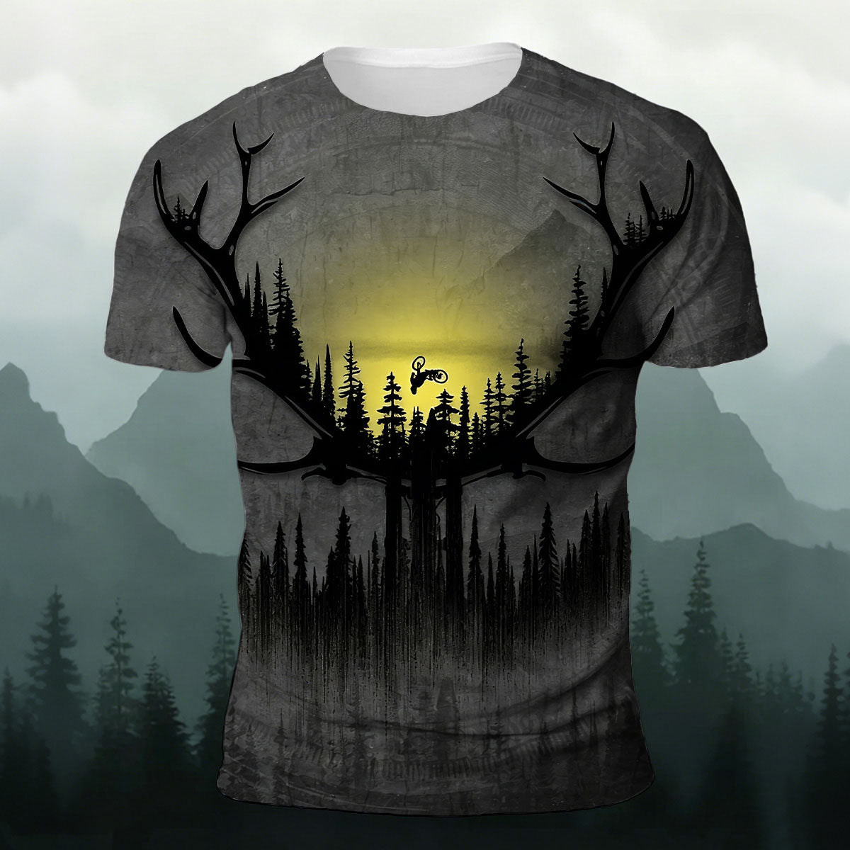 Artistic Dawn Deer-Print Outdoor Cycling T-Shirt