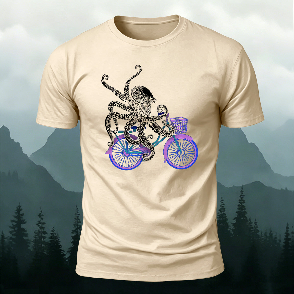 Octopus Cycling Fun Print Cotton Casual T-Shirt Beige
