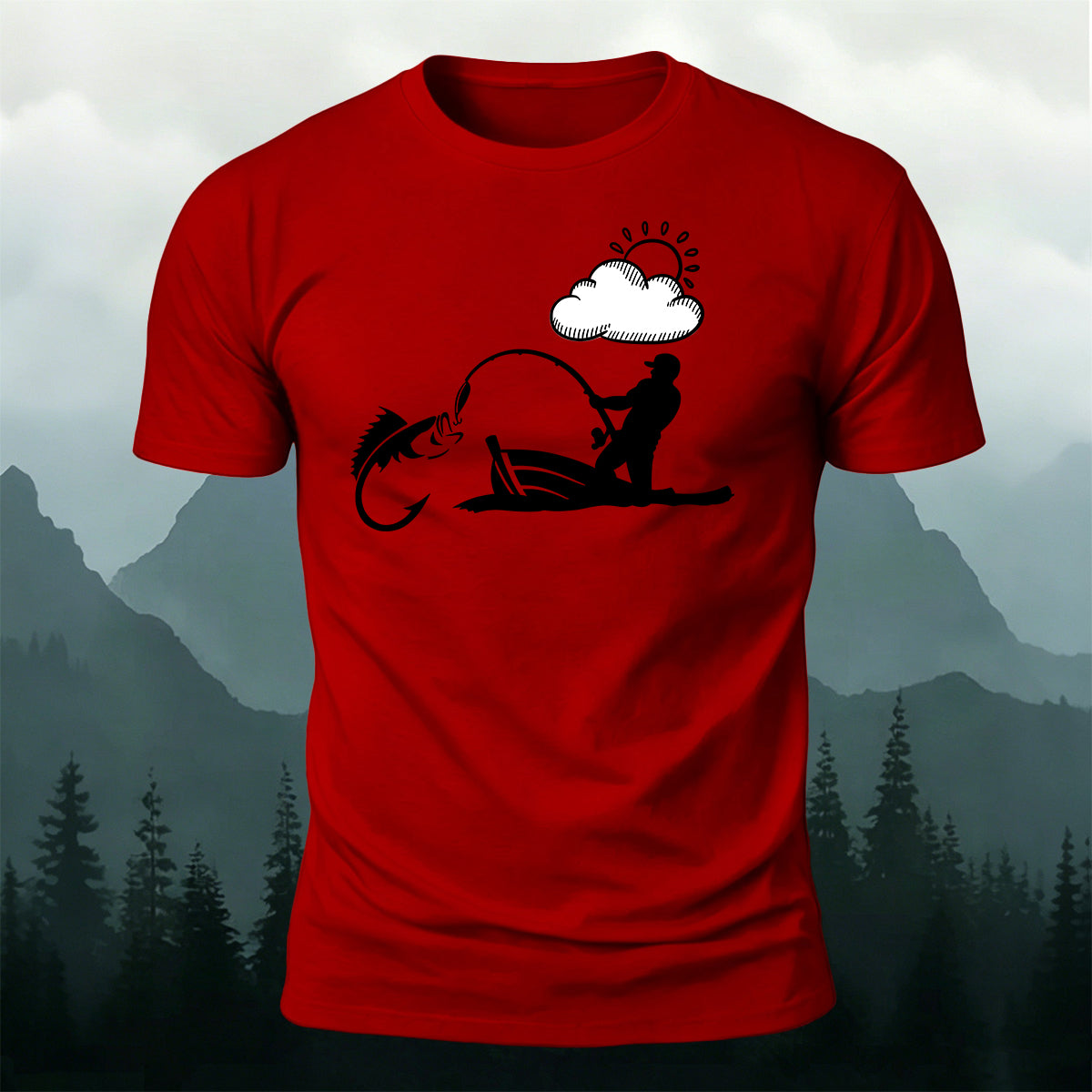 Outdoor Fishing Silhouette Print  Round-Neck Cotton T-Shirt