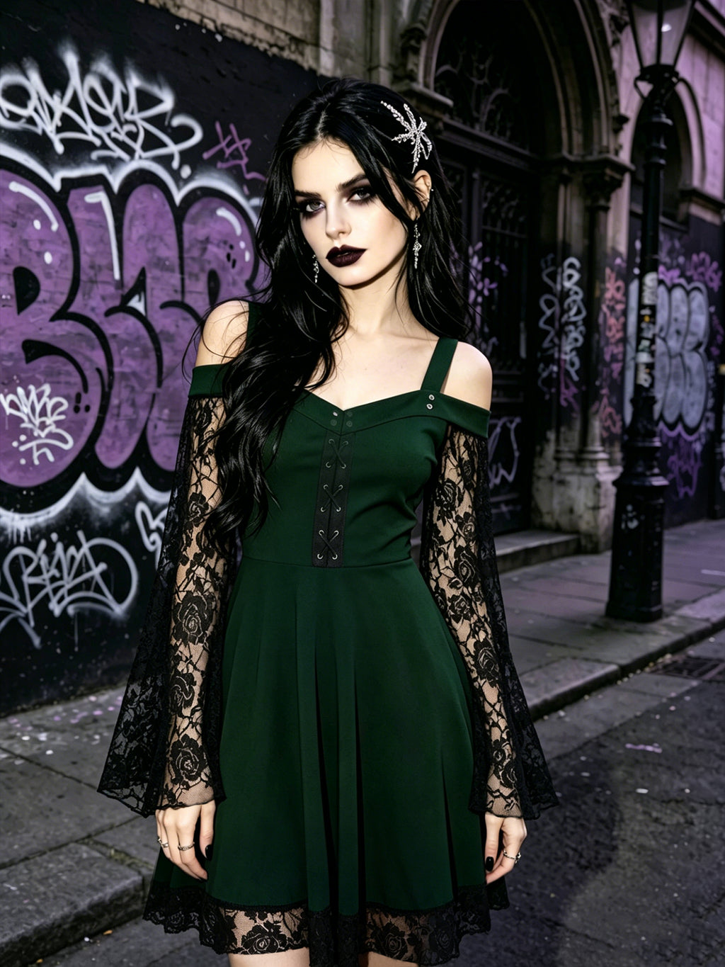 Mock Neck Bell-Sleeve Lace-Paneled Boho-Chic Retro Dress