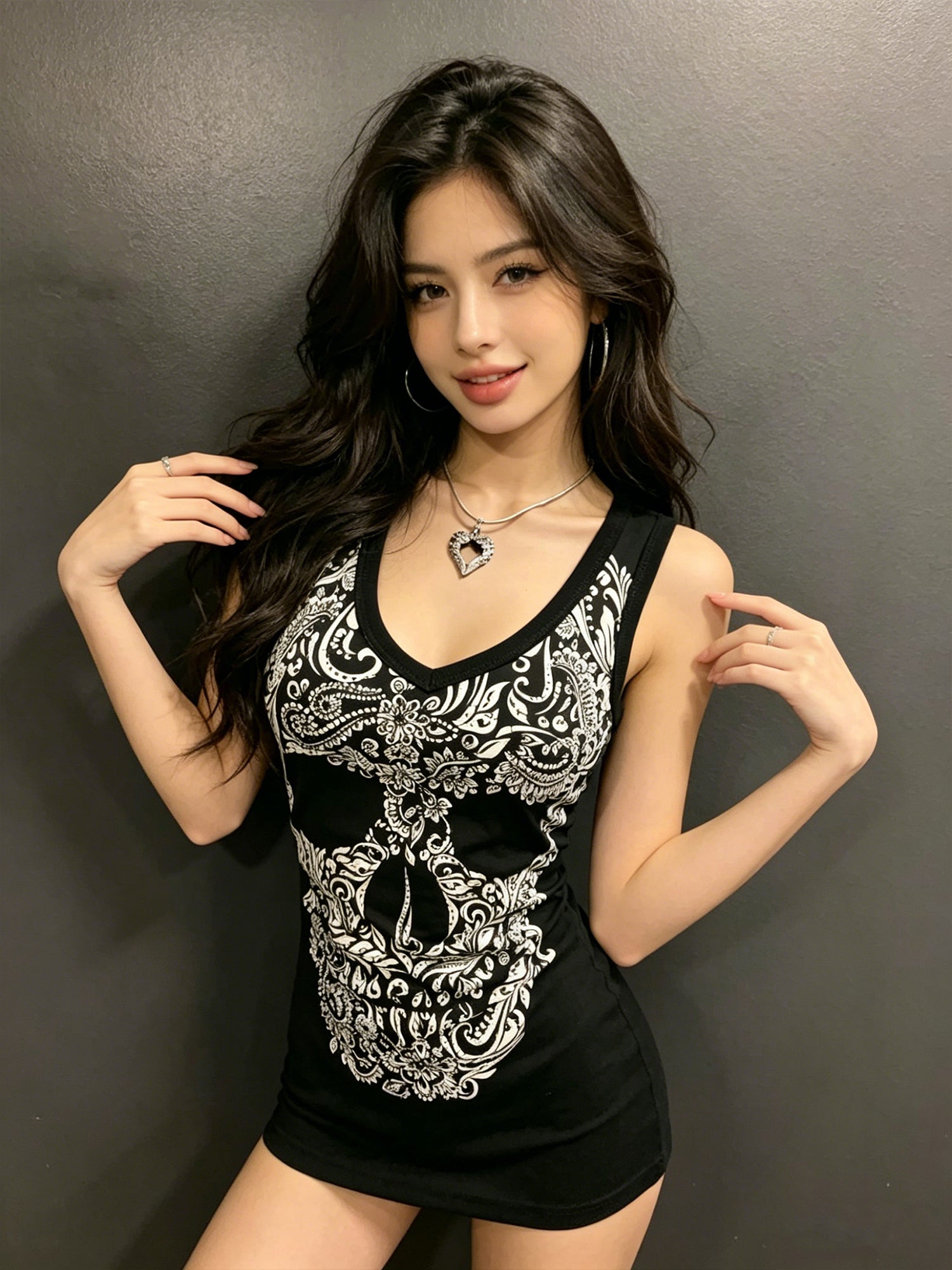 Fashion Sexy Crew Neck Skull Print Sleeveless Vest