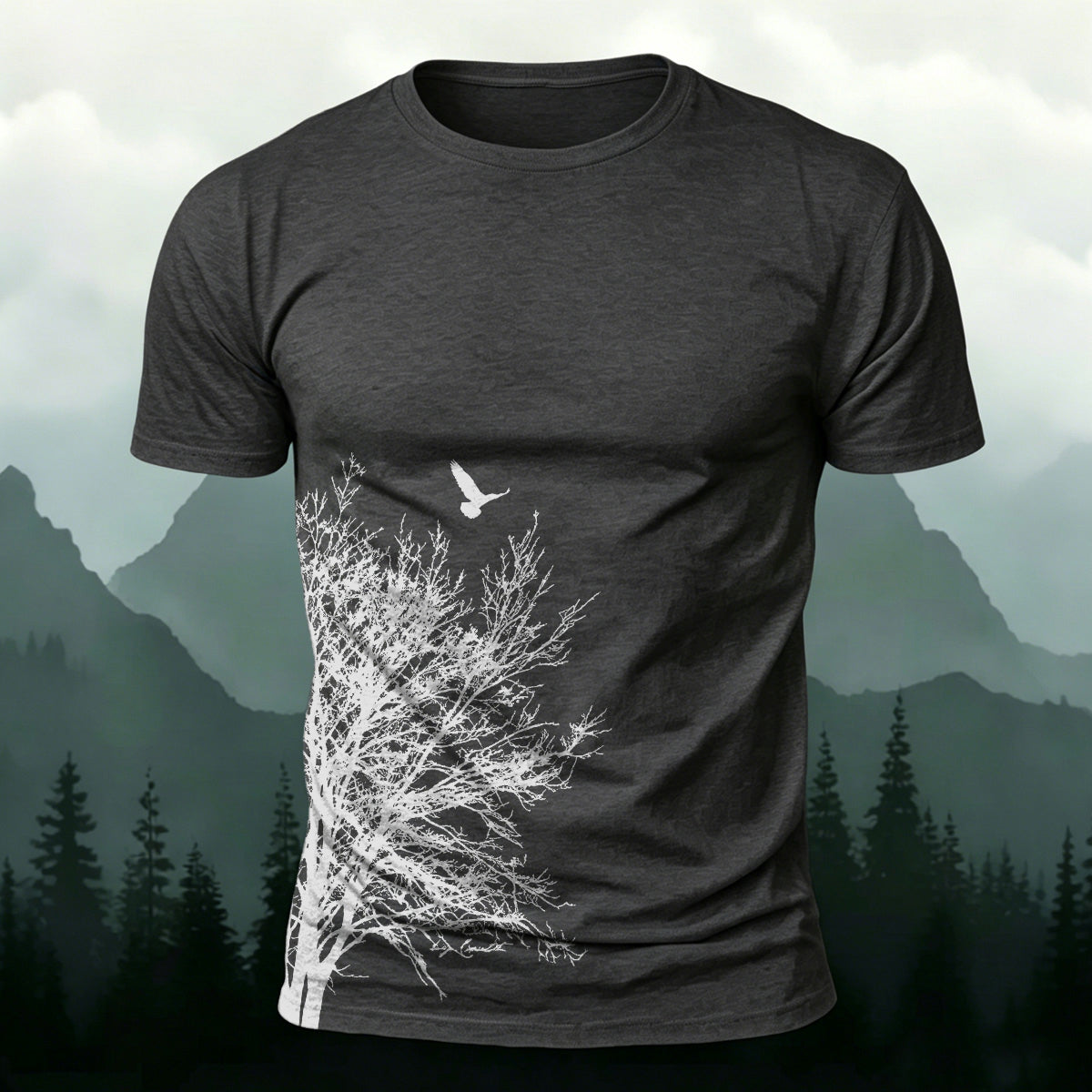 Minimalist  Tree Pattern Natural Style Casual T-Shirt Dark grey