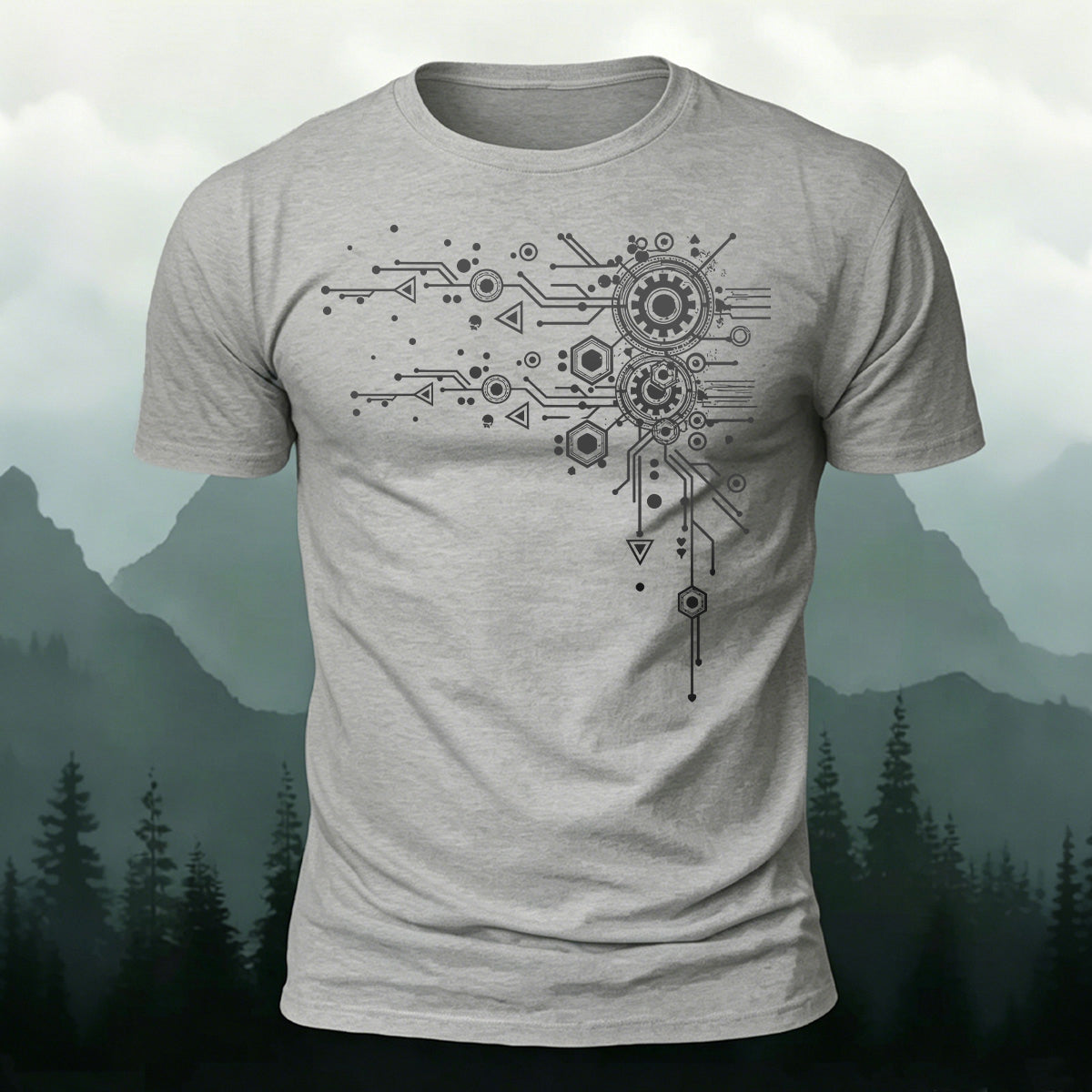 Creative Geometric Mechanical Premium Cotton T-Shirt Grey