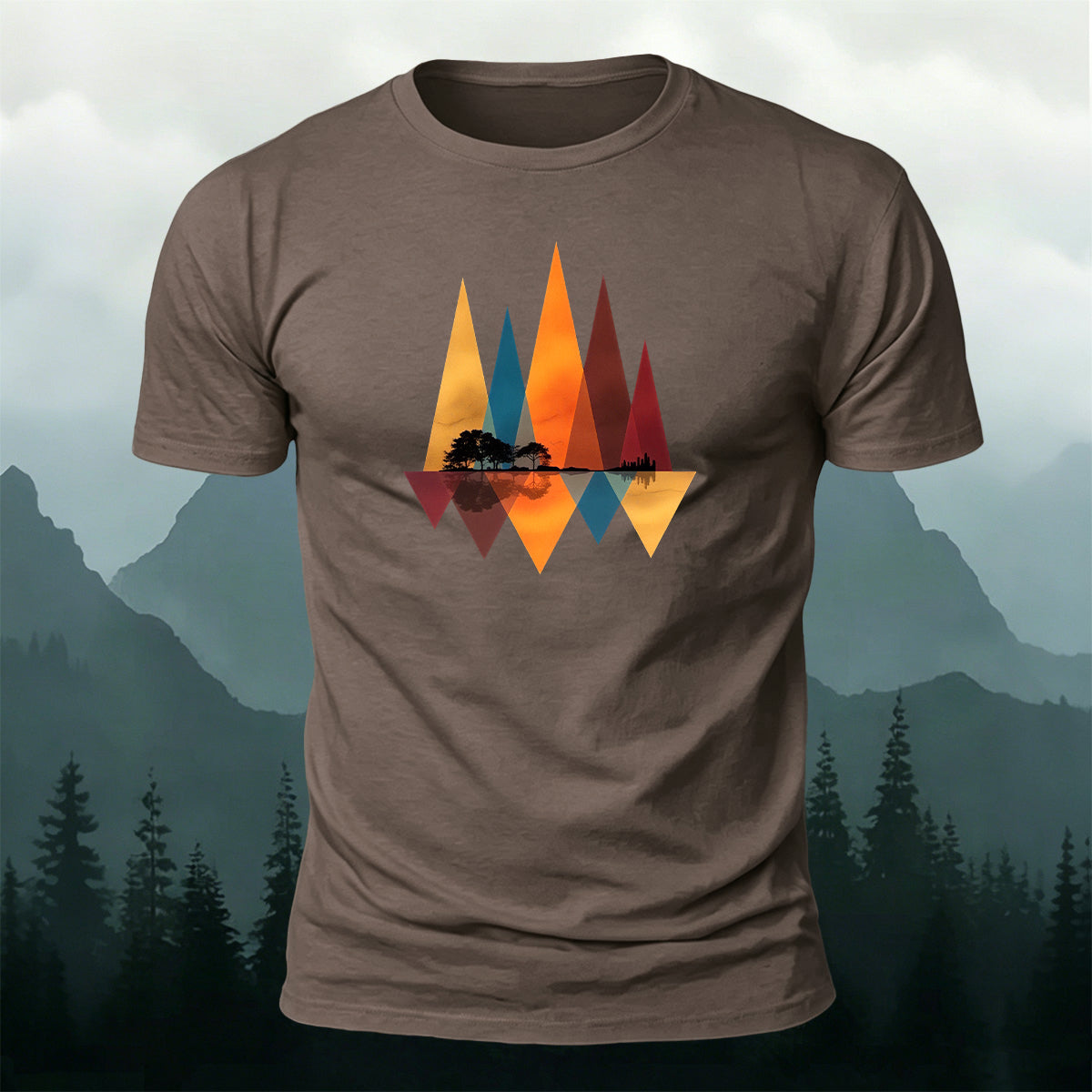 Geometric Mountain Reflection Print Cotton T-Shirt