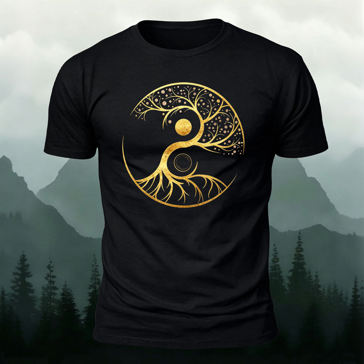 Artistic Graphics Pattern Mountain-Style Cotton T-Shirt Black