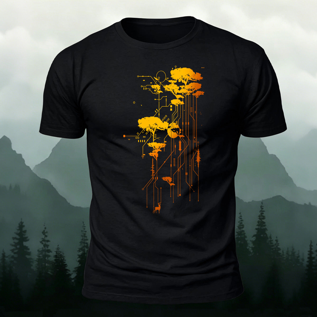 Artistic Trees Pattern Breathable Material Casual T-Shirt Black