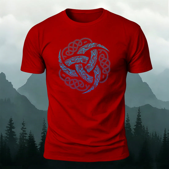 Viking Mythology Totem Print Casual Cotton T-Shirt Red