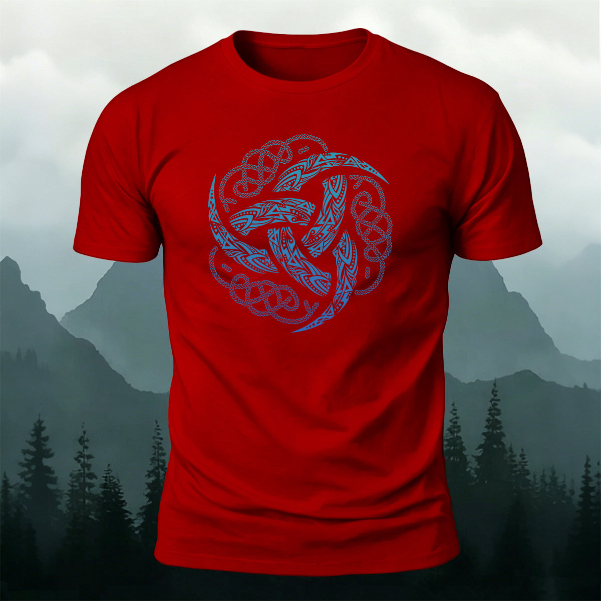 Viking Mythology Totem Print Casual Cotton T-Shirt Red