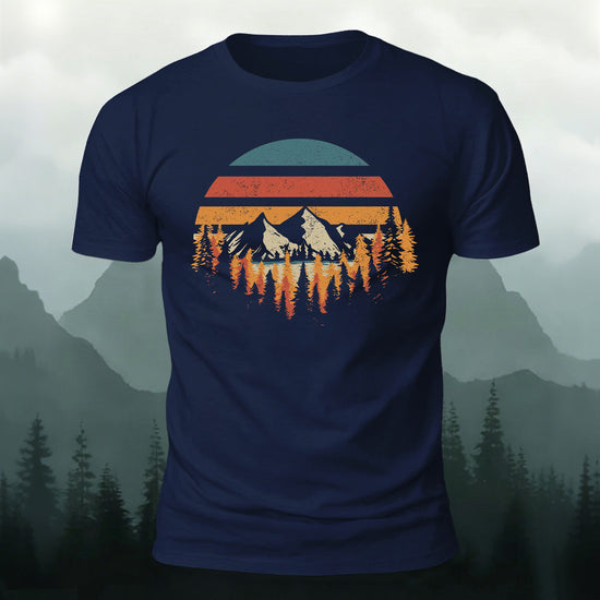 Mountain Landscape Pattern Retro Trend Cotton T-Shirt Navy
