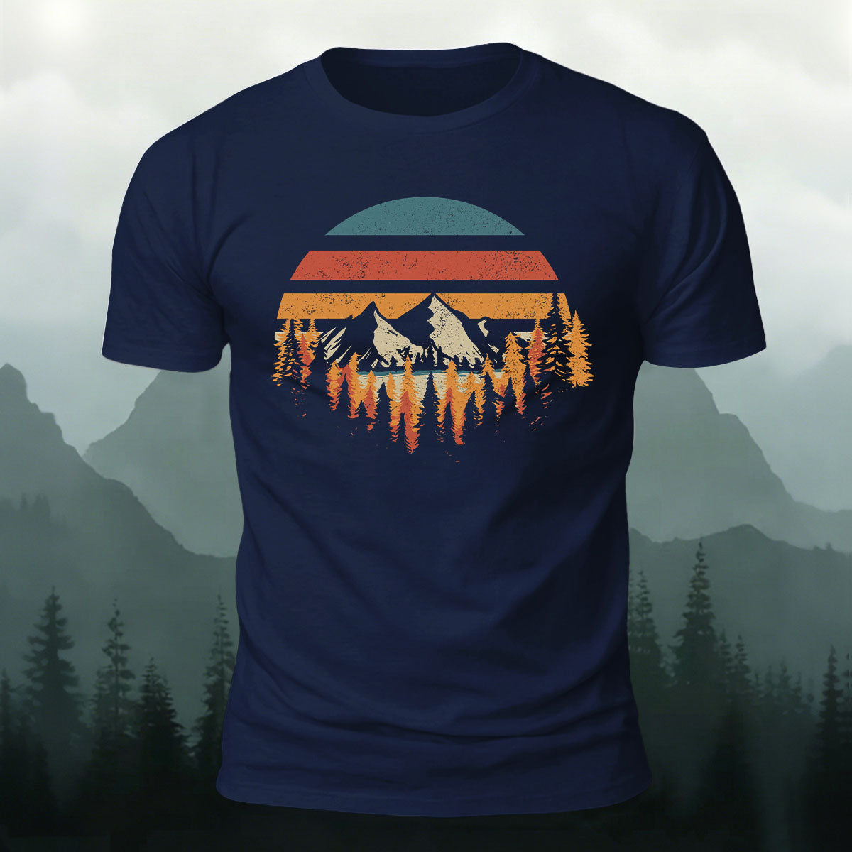 Mountain Landscape Pattern Retro Trend Cotton T-Shirt Navy