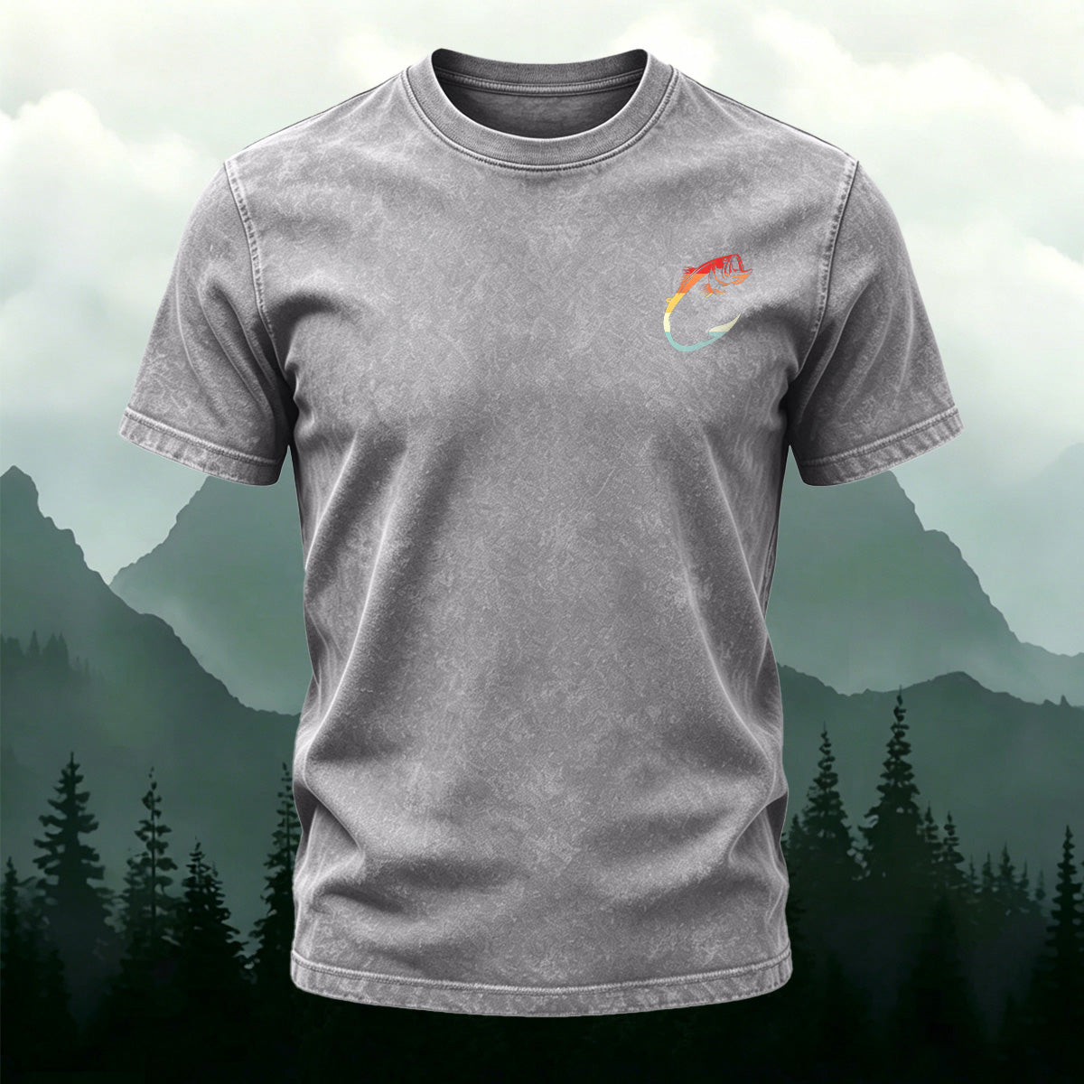 Fish Pattern Minimalist Style Washed Cotton Casual T-Shirt Grey