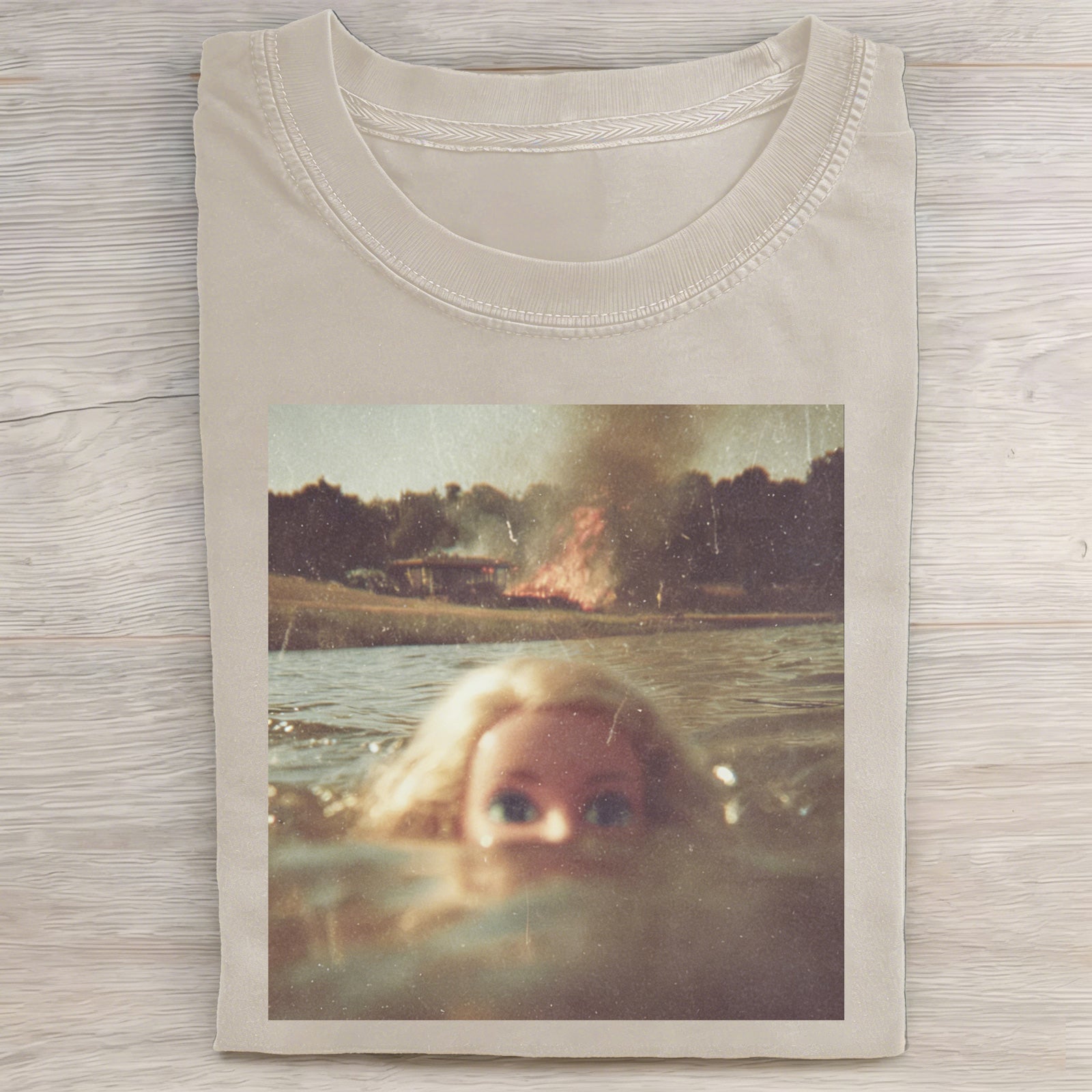 MEME Drowning Print Washed Cotton Round-Neck T-Shirt