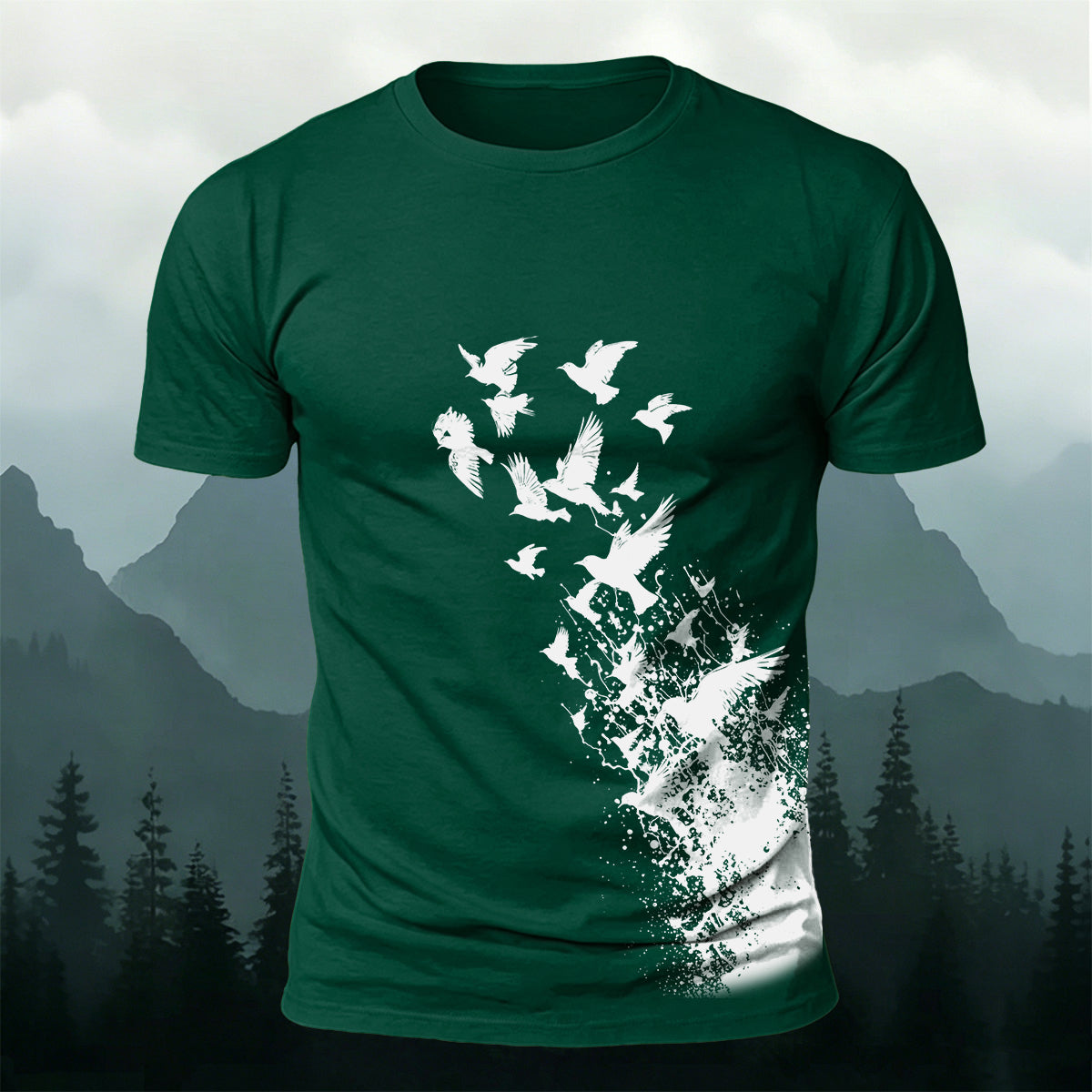 Flying Birds Print Casual 100% Cotton T-Shirt