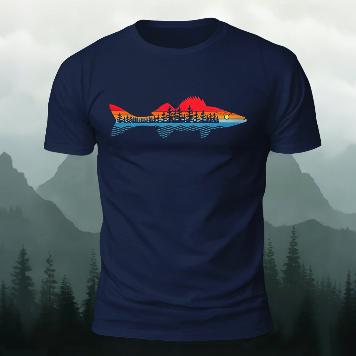 Morning Fishing Background Print Combed Cotton T-Shirt