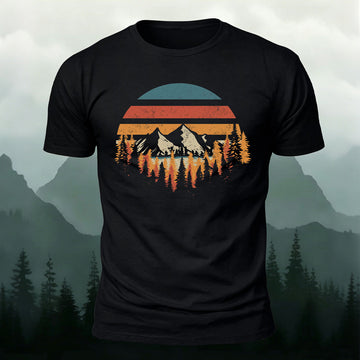 Mountain Landscape Pattern Retro Trend Cotton T-Shirt Black