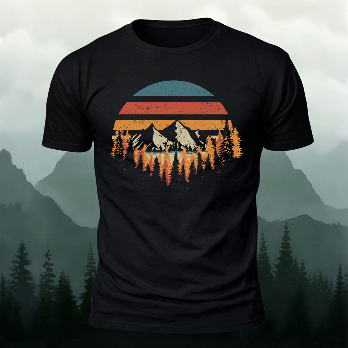 Mountain Landscape Pattern Retro Trend Cotton T-Shirt Black