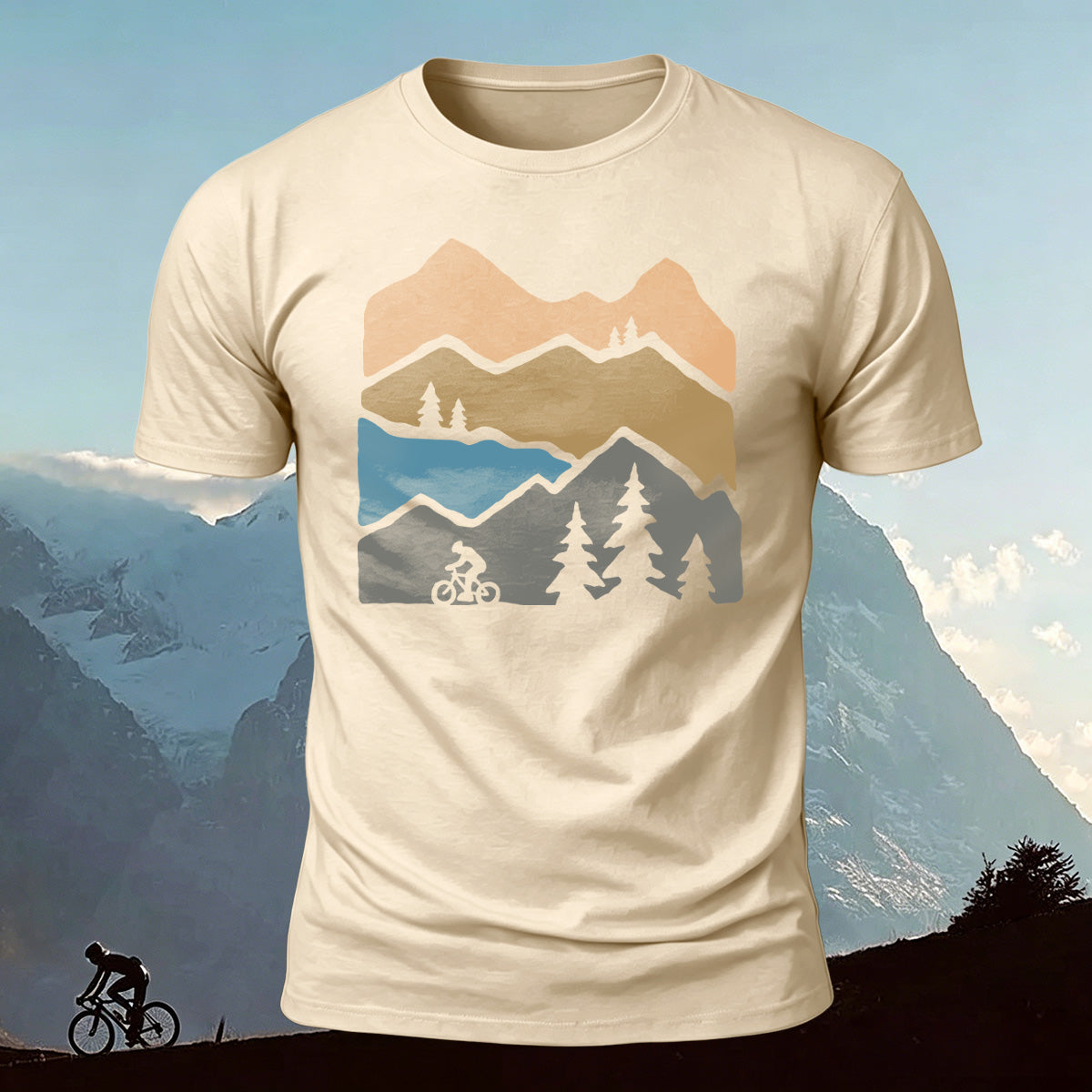 Mountain Biking Print Outdoor Casual Cotton T-Shirt Beige