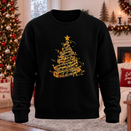 DTG Golden Music Note Christmas Tree Printed Round Neck Sweatshirt