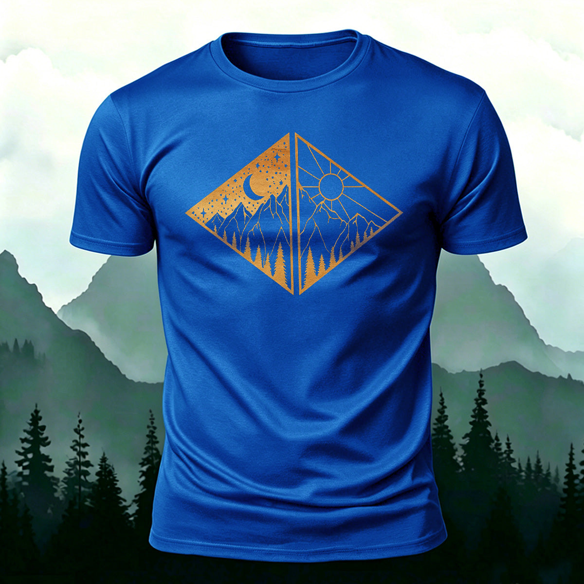 Landscape Art Frame Printed Mountain-style Casual T-Shirt Blue