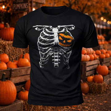 Skeleton Rib Cage Pumpkin Heart Halloween Printed Short Sleeve T-Shirt