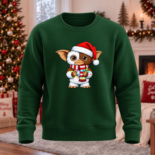 Monster Wears Santa Hat Printed Round Neck Sweatshirt