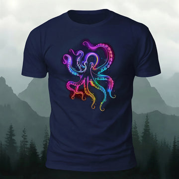DTG Artistic Colorful Octopus Print Round-Neck T-Shirt