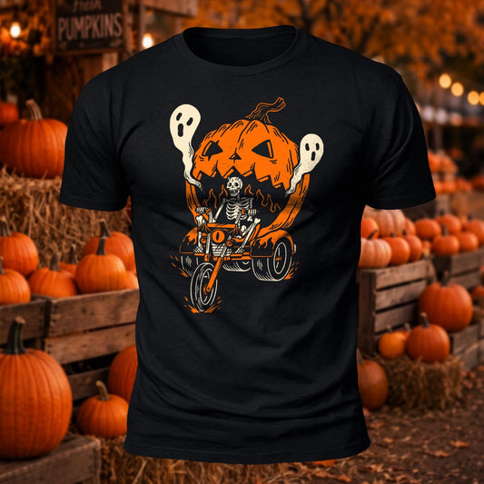 Skull Pumpkin Rider Printed Short Sleeve T-Shirt
