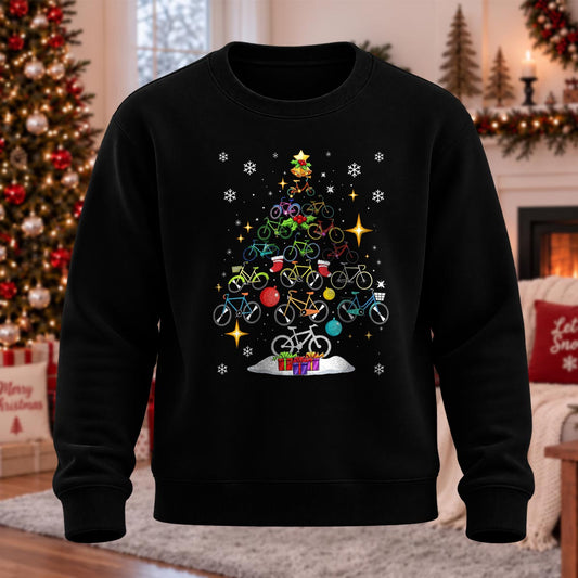 Snowy Bicycle Christmas Tree Printed Round Neck Sweatshirt