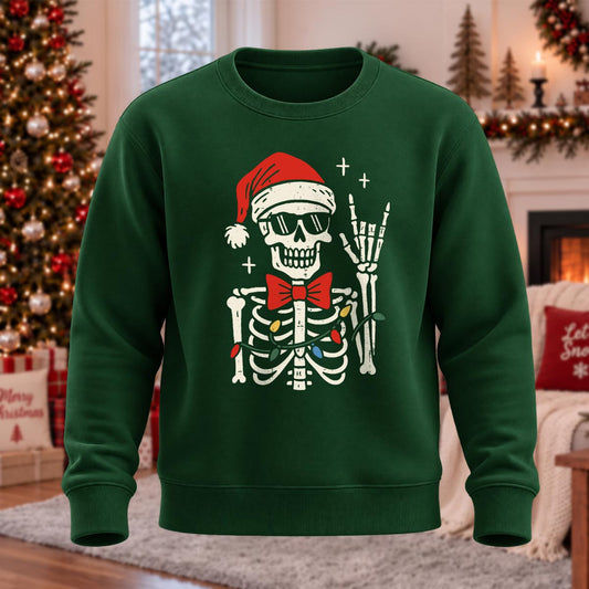 Rock Skull Christmas Printed Round Neck Sweatshirt