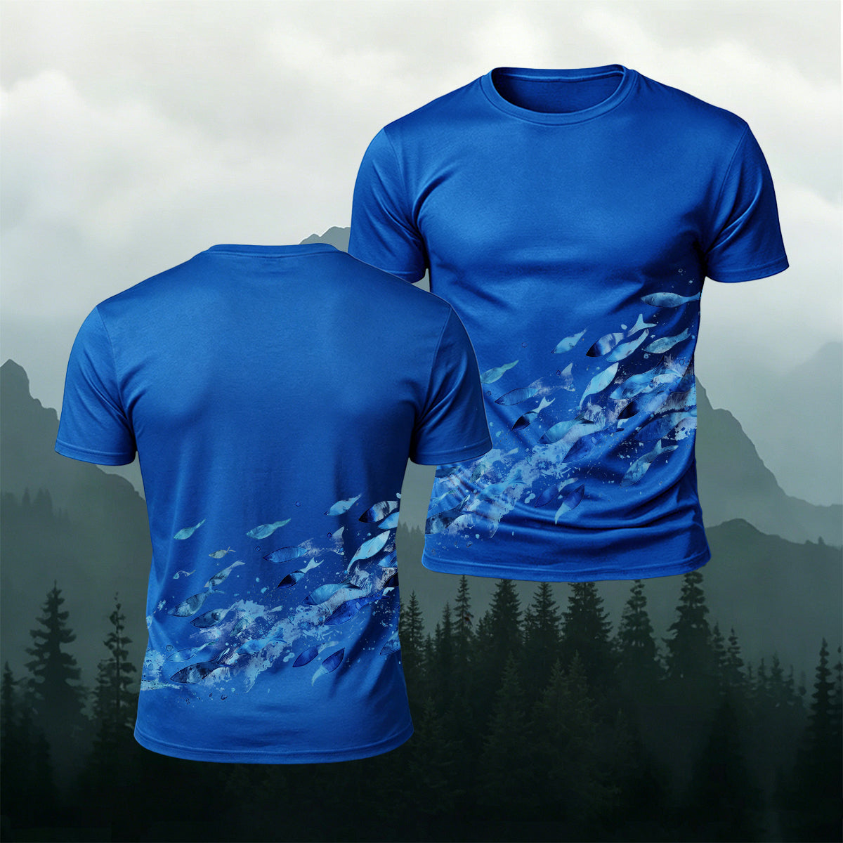 Blue Sardine Print Casual Cotton T-Shirt
