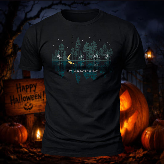 Premium Cotton Skeleton Pine Trees Halloween Graphic T-Shirt
