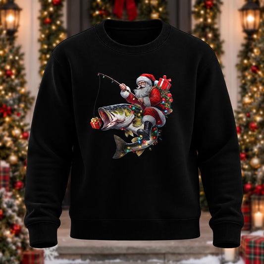 Fishing Santa Printed Round Neck Sweatshirt