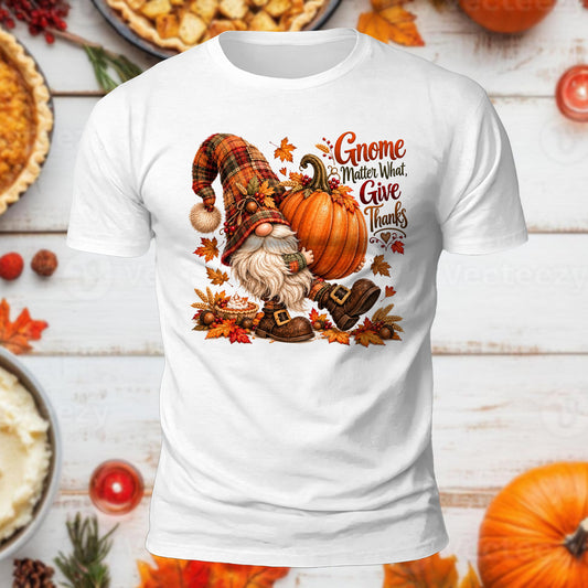 Gnome Matter What Give Thanks Printed Short Sleeve T-Shirt