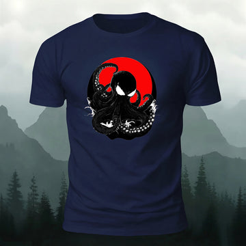 Cotton Dark Octopus Print Casual Round-Neck T-Shirt