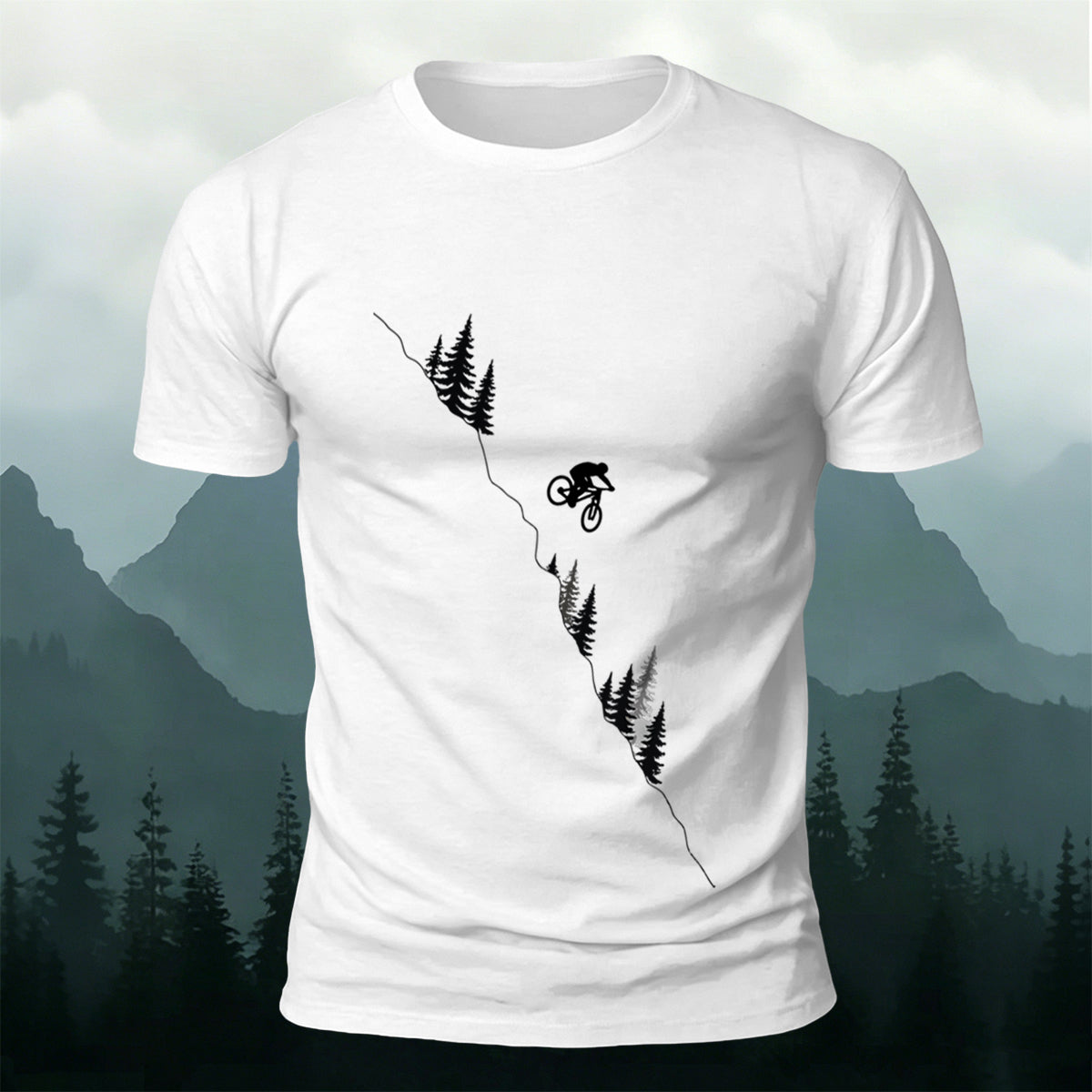 Mountain and Forest Cycling Silhouette Print  Cotton Outdoor T-Shirt