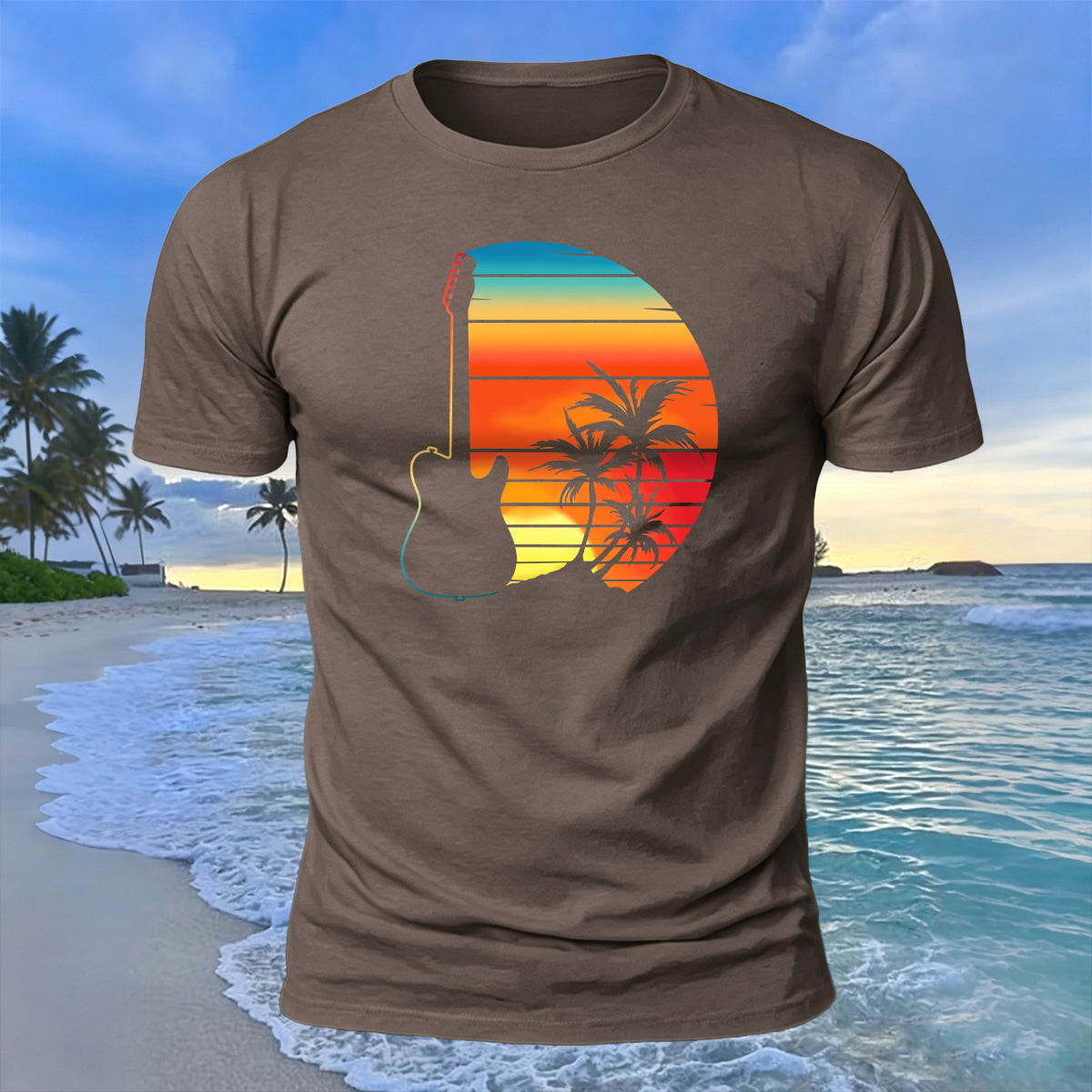 Beach Sunset Openwork Guitar Print Cotton T-Shirt