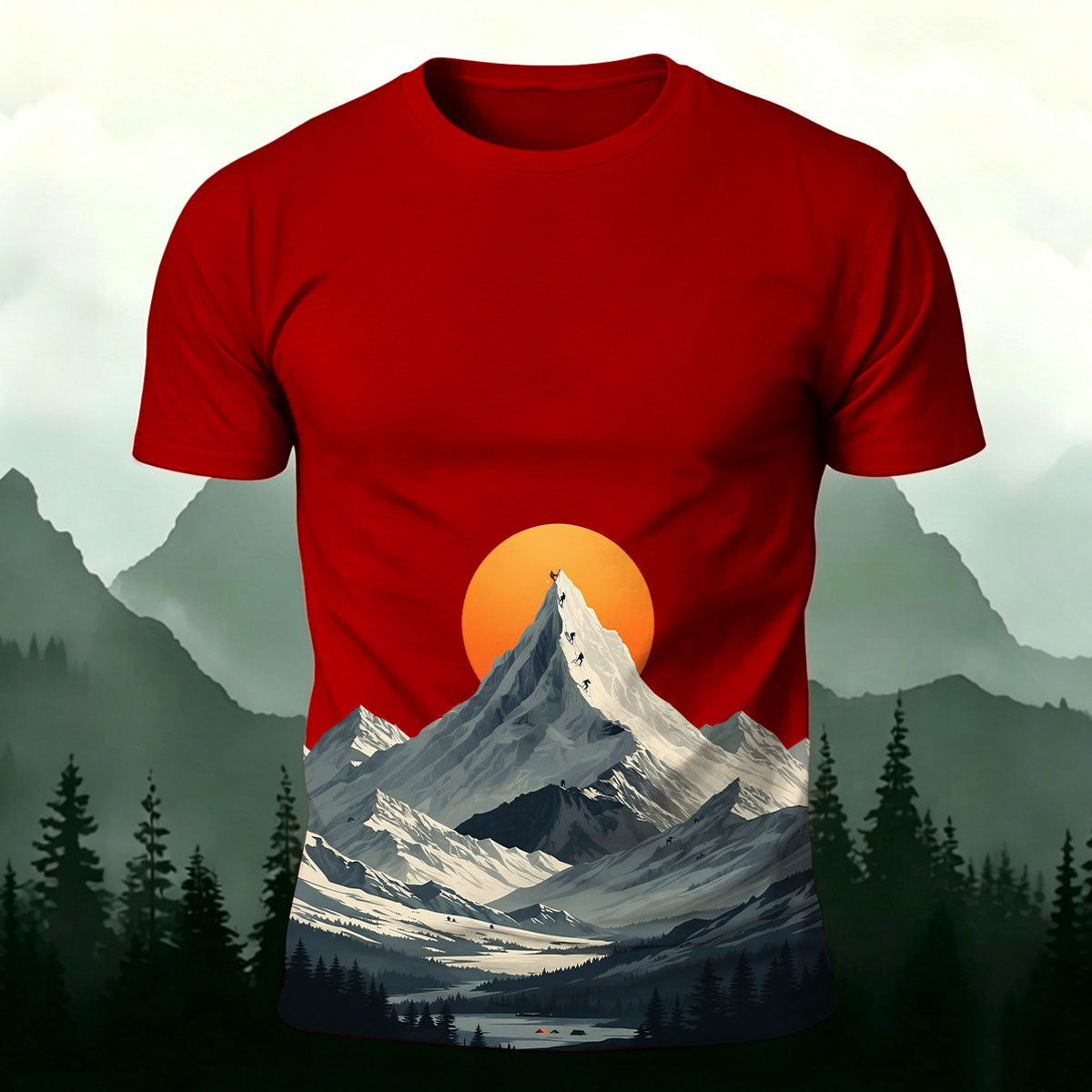 Snow-Capped Mountain Sunrise Print Comfortable Cotton T-Shirt